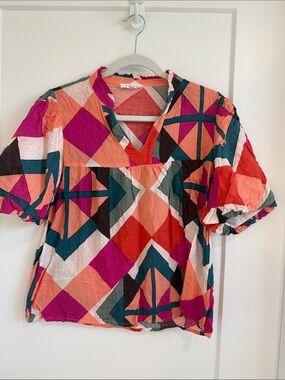 THML Multicolor Geometric V-Neck Puff Sleeve Blouse